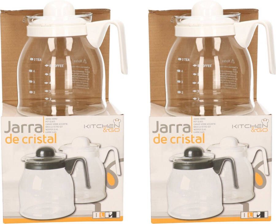 Gerimport 2x stuks theepotten met witte deksel en handvat 1 liter Glazen thee koffie potten 1000 ml theepot