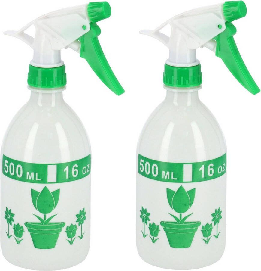 Gerimport 2x stuks waterverstuivers spuitflessen 500 ml transparant groen Plantenspuiten schoonmaakspuiten