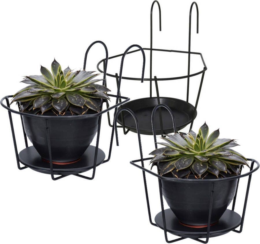 Gerimport Balkon bloempothouder 3x bloembak met ophanging zwart metaal 24 x 18 x 17 cm rond Balkonbakken