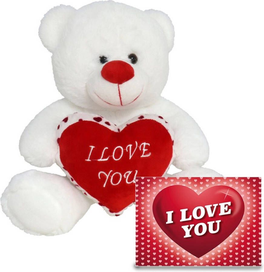 Gerimport Gerim Knuffelbeer Valentijn I Love You 30 cm en I Love You hartjes wenskaart A5 formaat