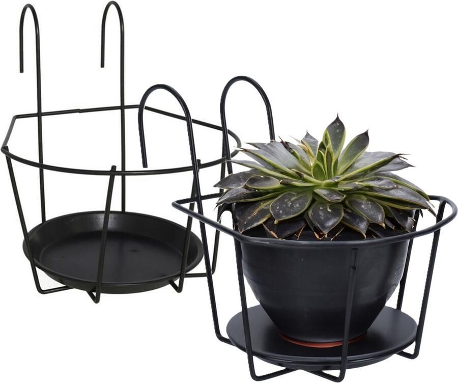 Gerimport Balkon bloempothouder 2x bloembak met ophanging zwart metaal 29 x 22 x 24 cm rond Balkonbakken
