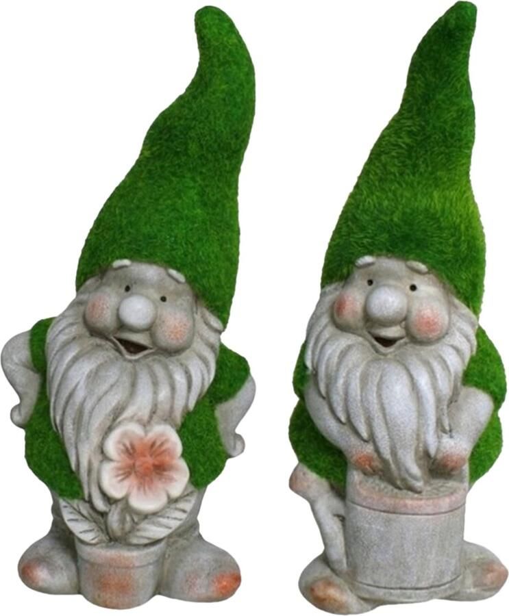 Gerimport Tuinkabouter beeldje set van 2 Dwarf Okkie en Sammy grasgroen 32 cm Polystone
