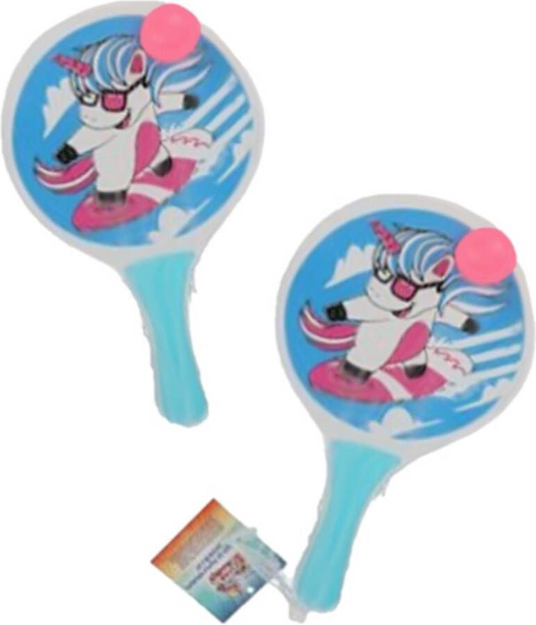 Gerimport Houten beachball set lichtblauw met surfende eenhoorn print Strand balletjes Rackets batjes en bal Tennis ballenspel