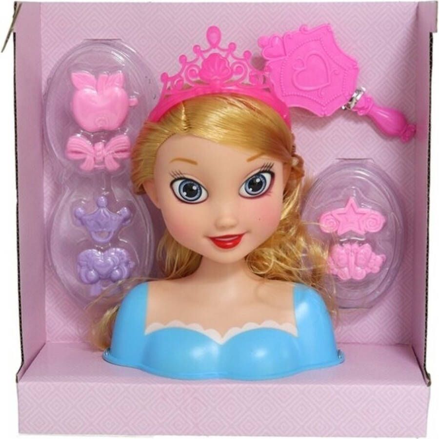 Gerimport Kaphoofd Prinses van 21 cm voor kinderen blond met 7 accessoires kappop kapkop kaphoofd
