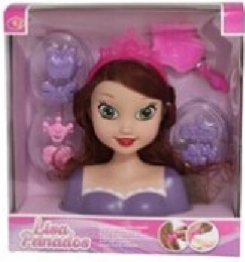 Gerimport Kaphoofd Prinses van 21 cm voor kinderen bruin met 7 accessoires kappop kapkop kaphoofd