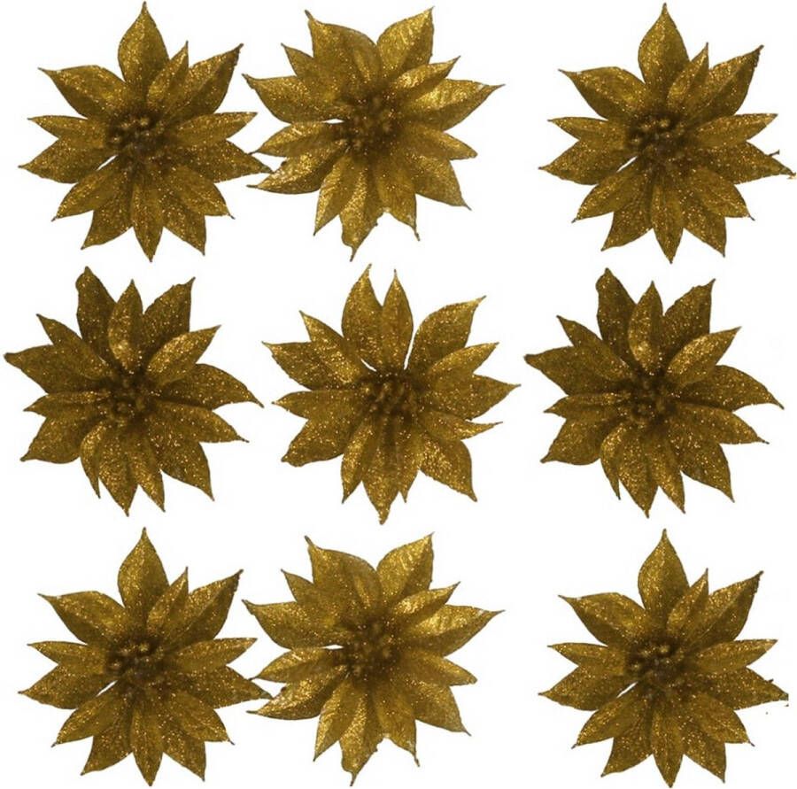 Gerimport 12x stuks glitter decoratie bloemen op clip goud 9.5 cm Kunstbloemen