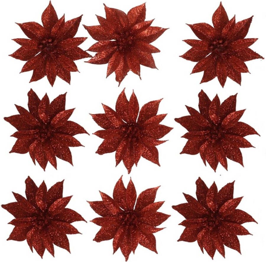 Gerimport 12x stuks glitter decoratie bloemen op clip rood 9.5 cm Kunstbloemen