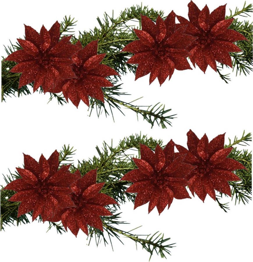 Gerimport 8x stuks glitter decoratie bloemen op clip rood 9.5 cm Kunstbloemen