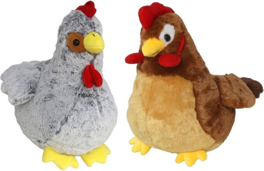 Gerimport Pluche kip en haan knuffel 2x 20 cm boederijdieren kippen knuffels Vogel knuffels