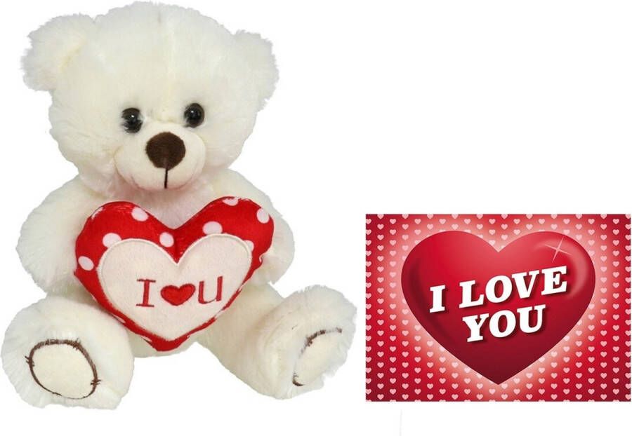 Gerimport Pluche knuffelbeer met I Love hartje wit rood 20 cm inc. wenskaart Knuffelberen