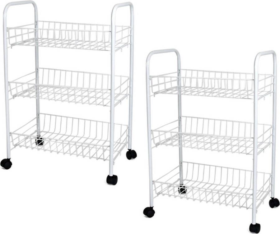 Gerimport Set van 2x stuks witte keuken trolleys met manden op wielen 40 x 26 x 62 cm Keuken badkamer rekje van metaal