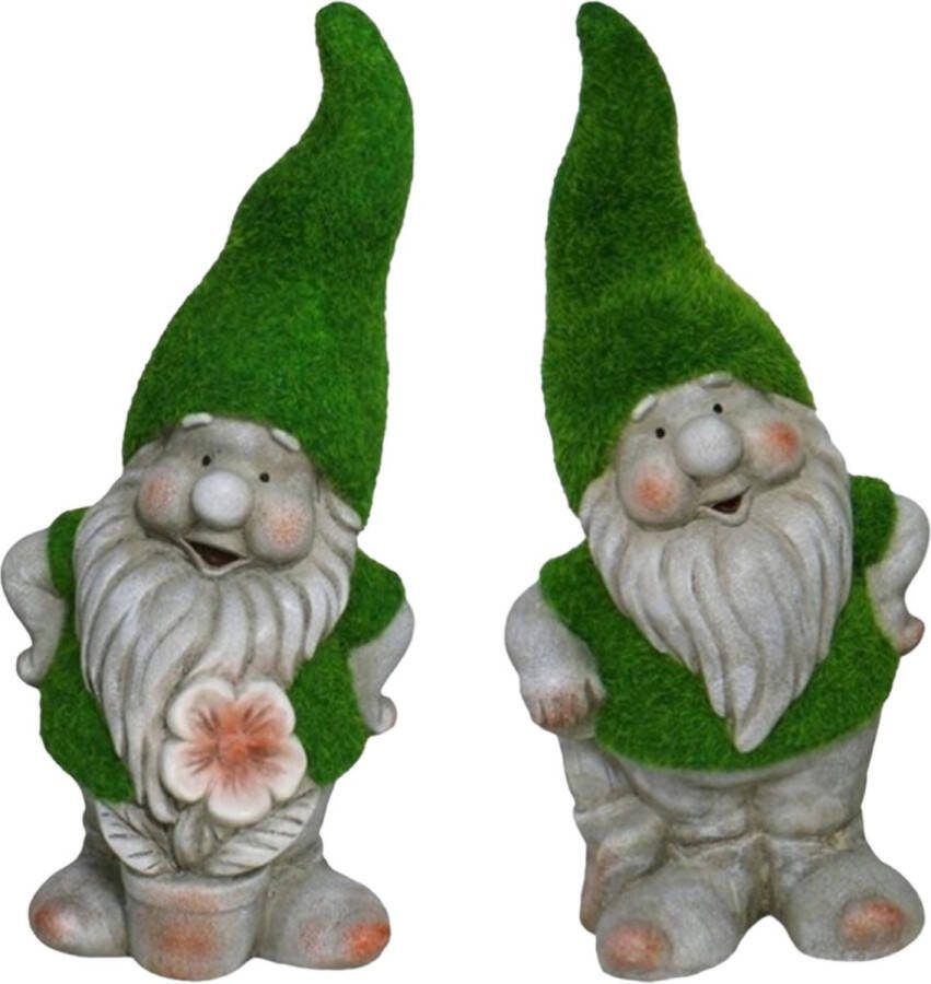 Gerimport Tuinkabouter beeldje set van 2 Dwarf Okkie en Manuel grasgroen 32 cm Polystone