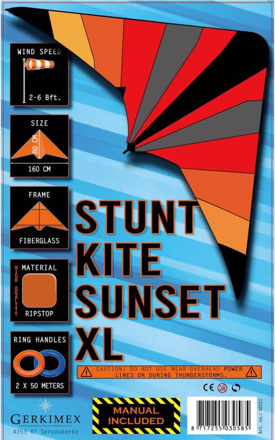 Gerkimex Stunt kite sunset XL Stunt vlieger 80 cm hoog 160 cm breed 2-6 Bft