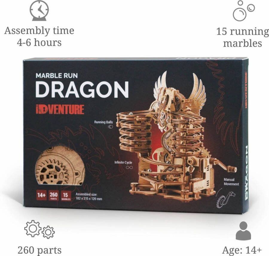 Geronimo Games iDventure Marble Run Dragon Bouwpakket Knikkerbaan Hout 260 Onderdelen en 15 Metalen Knikkers Geschikt vanaf 14 Jaar