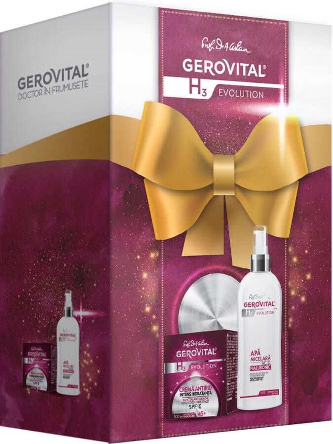 Gerovital Evolution geschenkset vrouwen Kerstcadeau vrouw Anti-rimpel dagcrème voor vrouwen 45+ sterk hydraterend hyaluronzuur SPF 10 anti rimpel -50ml micellair water hyaluronzuur -150 ml