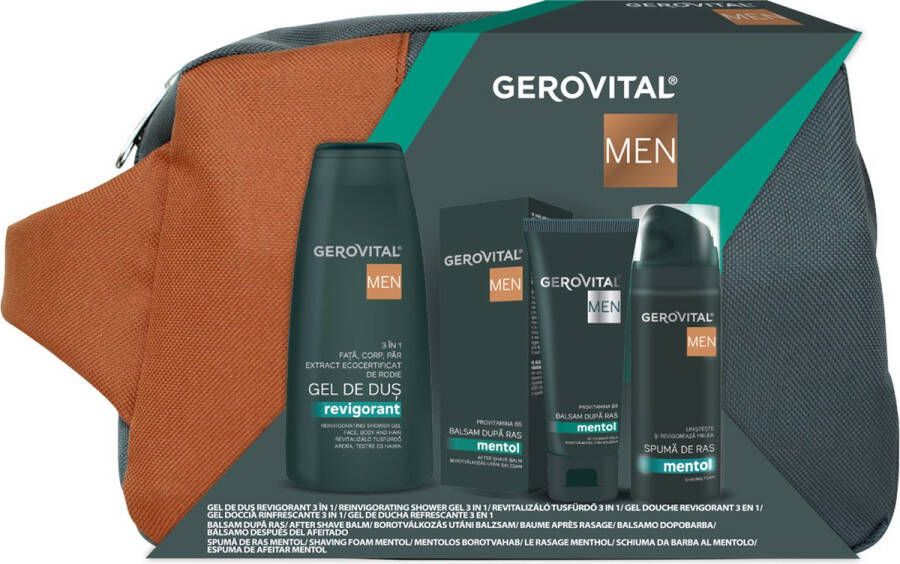 Gerovital MEN Giftpack 3 en mannen Kerstcadeau mannen douchegel 3 in 1 voor het gezicht lichaam en haar met granaatappel extract 400ml aftershave balm Menthol 100ml & scheerschuim Menthol 200 ml- Gratis tas kerstcadeau kerst