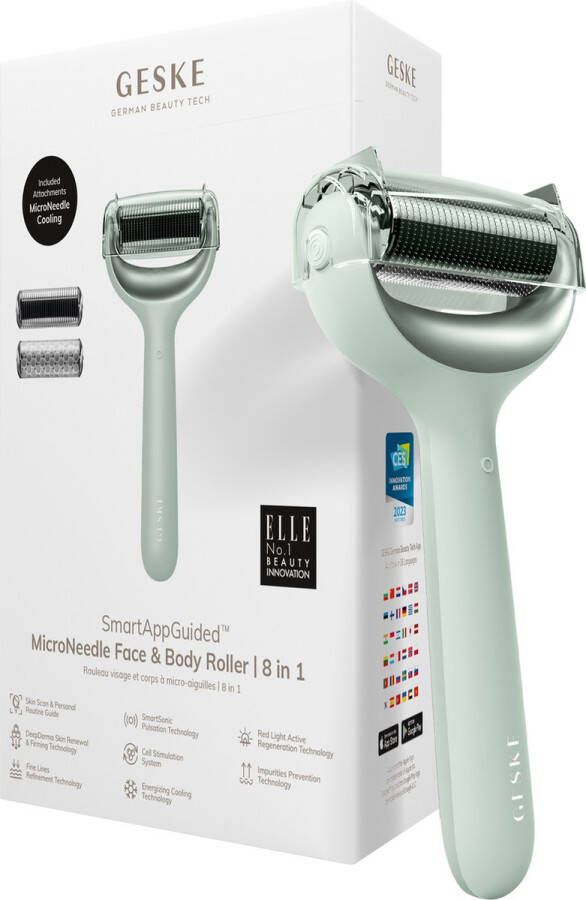 GESKE SmartAppGuided™ MicroNeedle Face & Body Roller 8 in 1 Elektrische dermaroller Microneedling-apparaat Naaldrol Naaldroller Schoonheidsroller voor gezicht en lichaam