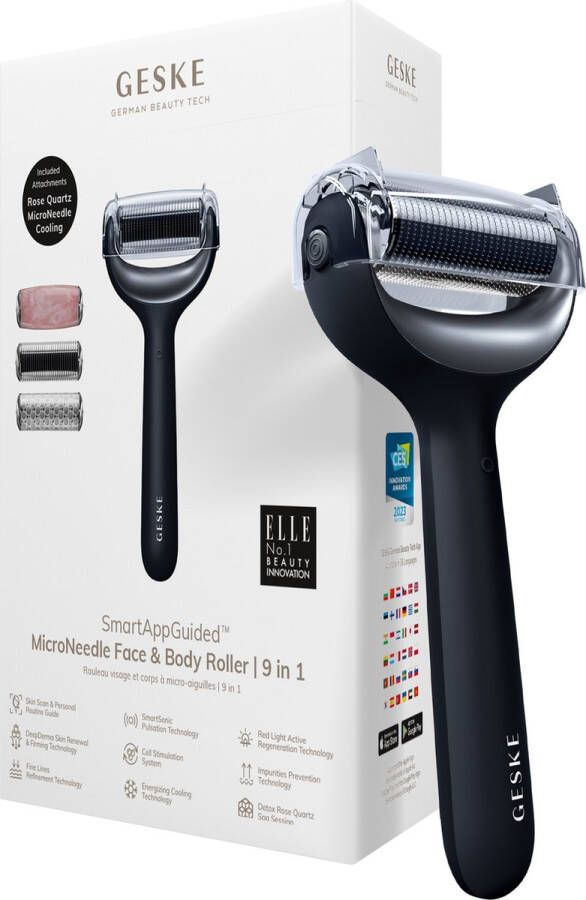 GESKE SmartAppGuided™ MicroNeedle Face & Body Roller 9 in 1 rozenkwarts Elektrische dermaroller Microneedling-apparaat Roller Schoonheidsroller voor gezicht en lichaam