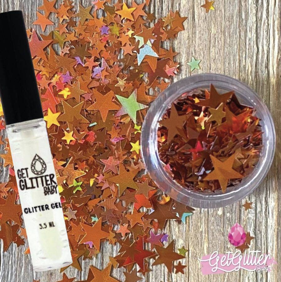 GetGlitterBaby Oranje Gouden Sterren Chunky Festival Glitters Sterretjes voor Lichaam en Gezicht Gel Glitterlijm Huid lijm Face Body Glitter Jewels Oranje Goud + Glittergel Huidlijm