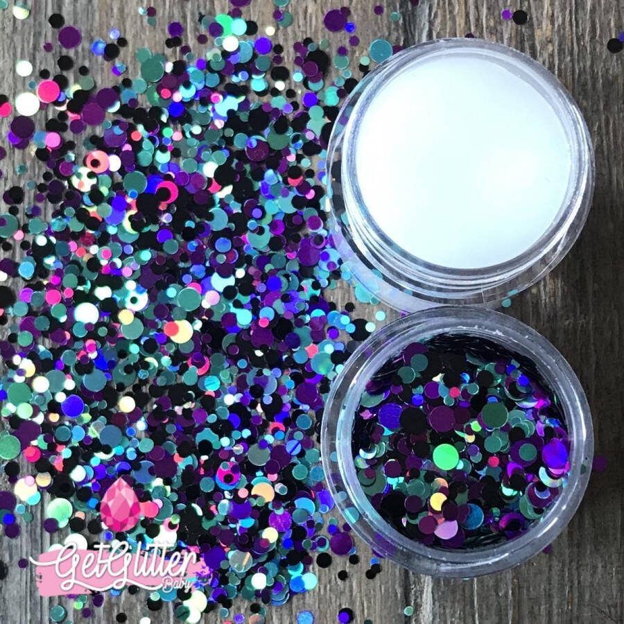 GetGlitterBaby Chunky Mix Festival Glitters voor Lichaam en Gezicht Paarse Blauwe en Zwarte Face en Body Glitter Lijm Paars Blauw Zwart en Glitter HuidLijm