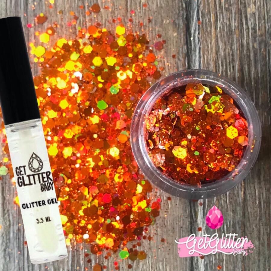 GetGlitterBaby Oranje Gouden Chunky Festival Glitters voor Lichaam en Gezicht Face Body Jewels Glitterlijm Gel Glittergel Oranje Goud Gold en Glitter Lijm HuidLijm