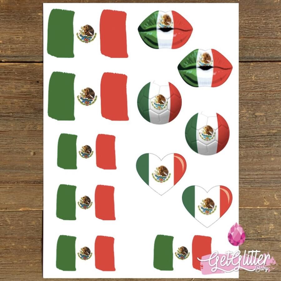 GetGlitterBaby Plak Tattoos Voetbal Tijdelijke Tattoo Sticker Nep Tatoeage Rood Wit Blauw Oranje Gezicht en Lichaam Smink Versiering Mexico Mexicaanse Vlag