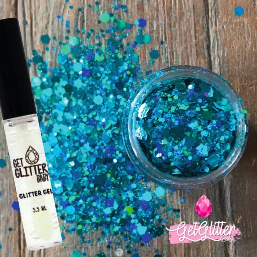 GetGlitterBaby Groene Blauwe Chunky Festival Glitters voor Lichaam en Gezicht Face Body Jewels Glitterlijm Gel Glittergel Blauw Groen Aqua en Glitter Lijm HuidLijm