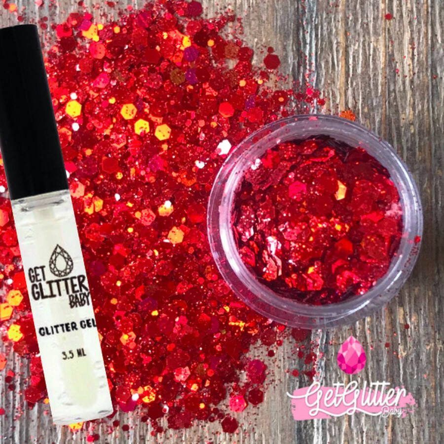GetGlitterBaby Rode Chunky Festival Glitters voor Lichaam en Gezicht Face Body Jewels Glitterlijm Gel Glittergel Rood en Glitter Lijm HuidLijm