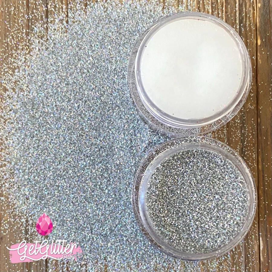 GetGlitterBaby Zilveren Fijne Poeder Biologische Biologisch Milieuvriendelijke afbreekbare Festival Glitters voor Lichaam en Gezicht Jewels Vegan Bio Biodegradable Face Body Glitter Glue Zilver + Huid Lijm