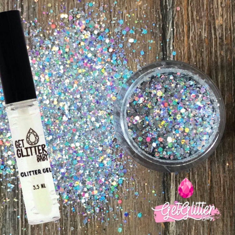 GetGlitterBaby Zilveren Poeder Festival Glitters voor Lichaam en Gezicht Face Body Jewels Glitterlijm Gel Glittergel Zilver en Glitter Lijm HuidLijm
