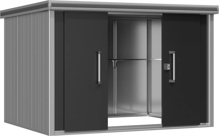 GFP Tuinschuur metalen tuinhuis 256x256x212 cm waterdicht schuurtje met plat dak en schuifdeur in antractiet