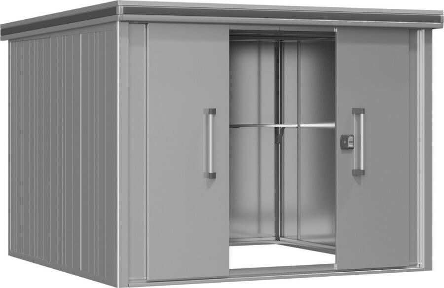 GFP Tuinschuur metalen tuinhuis 256x256x212 cm waterdicht schuurtje met plat dak en schuifdeur in grijs