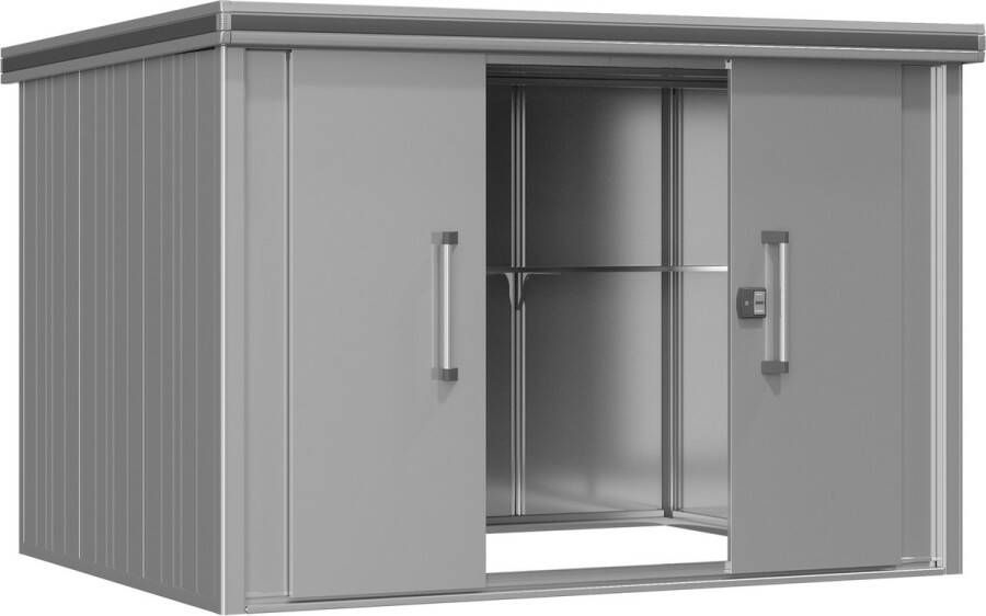 GFP Tuinschuur metalen tuinhuis 291x221x212 cm waterdicht schuurtje met plat dak en schuifdeur in grijs