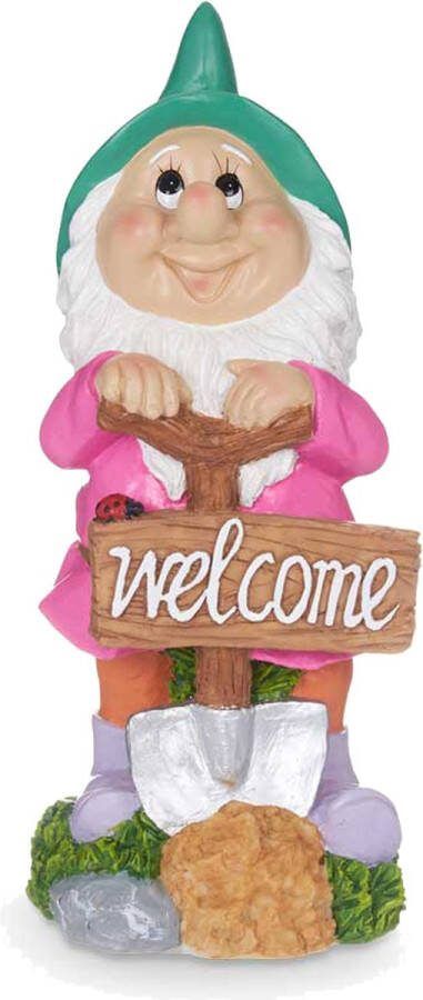 Giftdecor Tuinkabouter beeldje met Welcome bord Polyresin muts groen 27 cm decoratie dwerg
