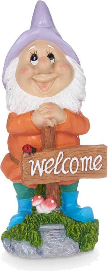Giftdecor Tuinkabouter beeldje met Welcome bord Polyresin muts paars 27 cm decoratie dwerg