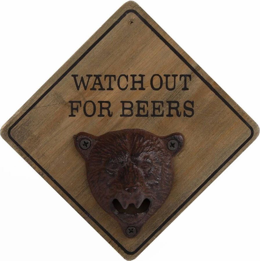 Dobeno Gifts Amsterdam flesopener &apos;Watch out for beers&apos; 15x15x9 cm hout bruin