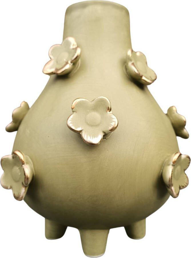Gifts Amsterdam Vaas 'Fleur' groen Aardewerk vaas Bloemetjes motief Goudkleurig detail 15 5x15x19cm