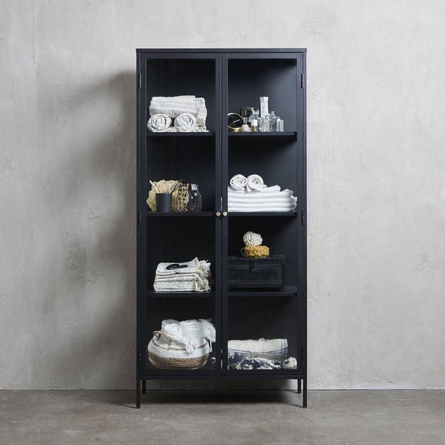 Giga Living Vitrinekast Metaal Zwart 2-Deurs 4 Planken 90x190cm Kast Carmel