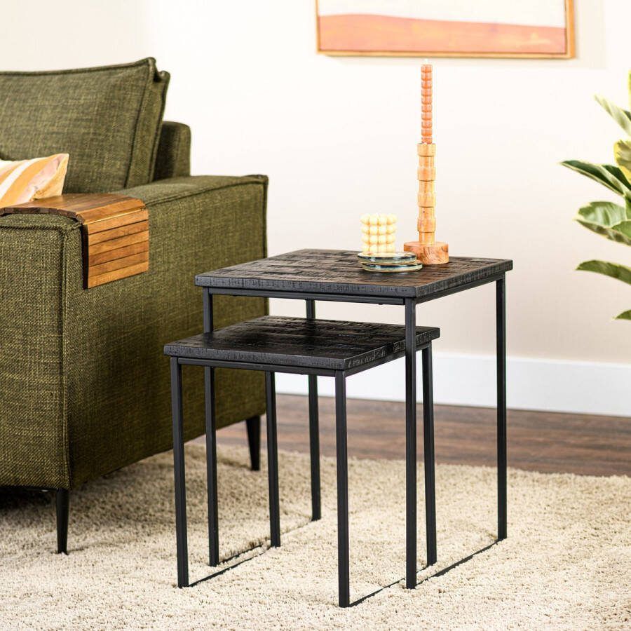 Giga Meubel Bijzettafel Set van 2 Zwart Aged Teakhout 45x45x60cm Bijzettafel Willem Set van 2