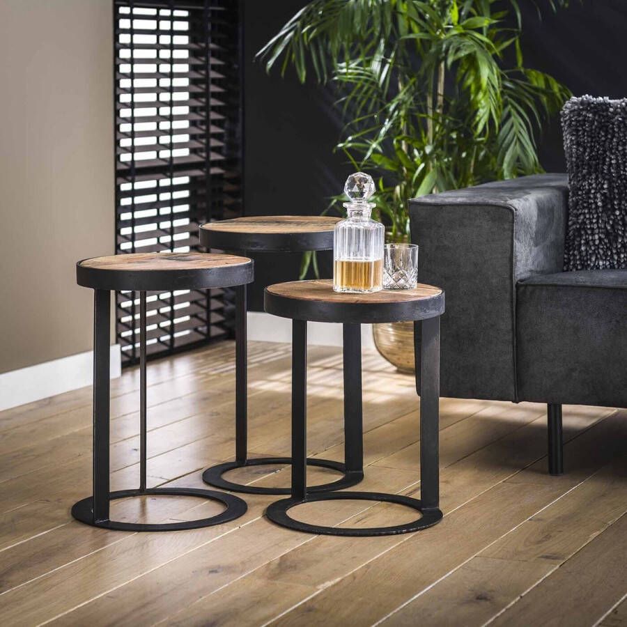 Giga Meubel Bijzettafel Set van 3 Robuust Hardhout Rond Tafel Raft