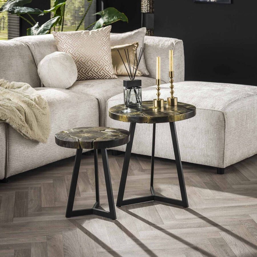 Giga Meubel Salontafel Set van 2 Black and Gold Rond Teakhout