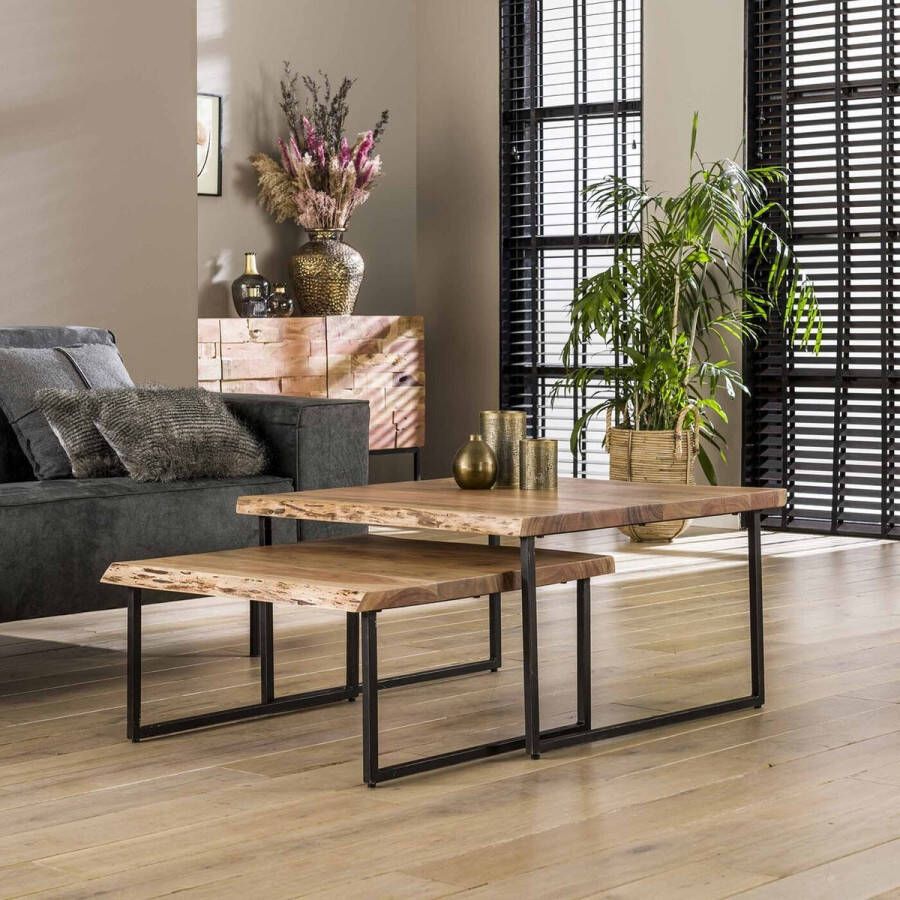 Giga Meubel Salontafel Set van 2 Vierkant Massief Acacia Naturel Tafel Edge