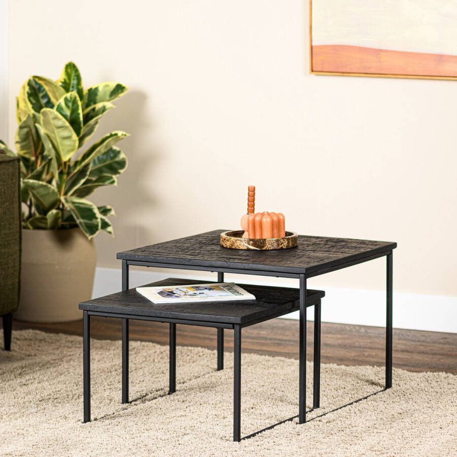 Giga Meubel Salontafel Set van 2 Zwart Aged Teakhout 60x60x45cm Salontafel Willem Set van 2