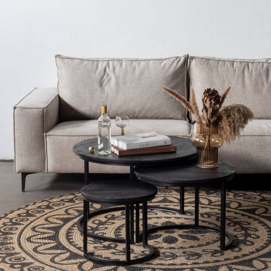 Giga Meubel Salontafel Set van 3 Mangohout Zwart Rond Tafel Tres