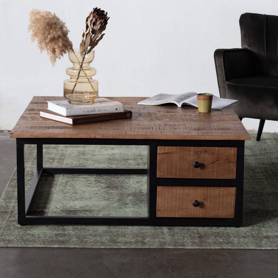 Giga Meubel Salontafel Hout Metaal 2-lades 100x100x40cm Tinus