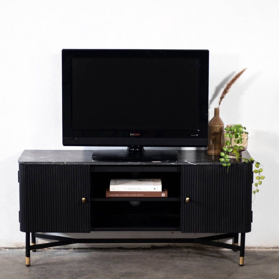 Giga Meubel Tv Meubel Japandi Zwart Marmer Mangohout 130x40x60cm