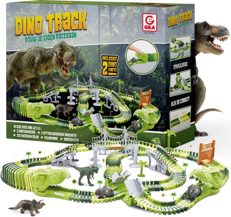 GILA Dino Racebaan met 2 Dinokarts – 192 Delig – Dinosaurus Speelgoed – XL Speelset met gave Attributen