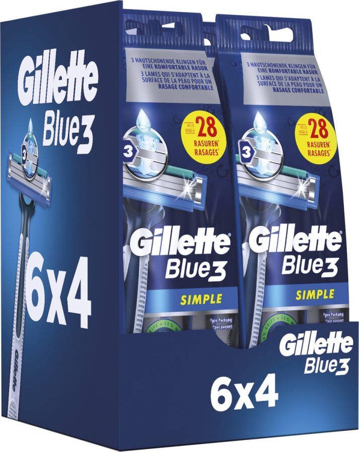 Gillette Blue 3 Simple Wegwerpscheermesjes Voor Mannen voordeelverpakking 6 x 4 stuks