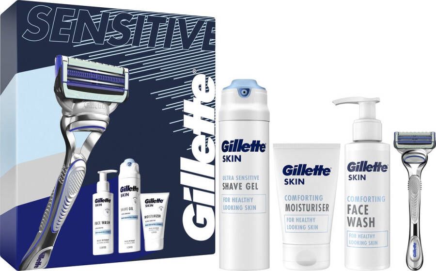 Gillette Geschenkset SkinGuard Sensitive Scheersysteem Voor Mannen + SkinGuard Scheergel 200ml + Hydraterende Crème 100ml + Gezichtsreiniger 140ml