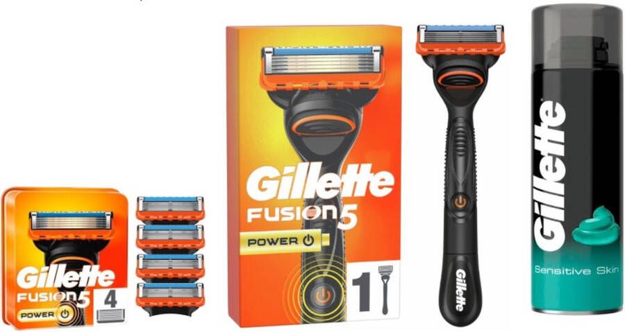 Gillette Houder Fusion5 Power + 5 mesjes en batterij + Scheergel Sensitive 200 ml